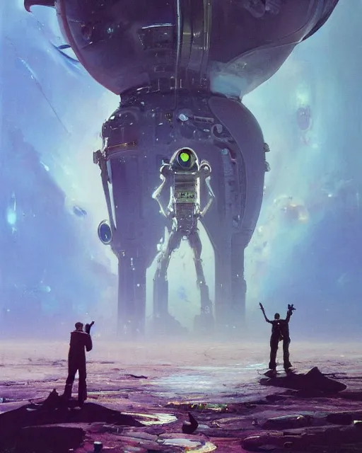 Image similar to a painting of a man standing in front of a giant alien, poster art john berkey and simon stalenhag and gilbert williams, cgsociety, space art, lovecraftian, cosmic horror, poster art