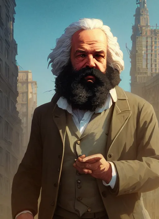 Image similar to highly detailed portrait karl marx in gta v, stephen bliss, unreal engine, fantasy art by greg rutkowski, loish, rhads, ferdinand knab, makoto shinkai and lois van baarle, ilya kuvshinov, rossdraws, tom bagshaw, global illumination, radiant light, detailed and intricate environment