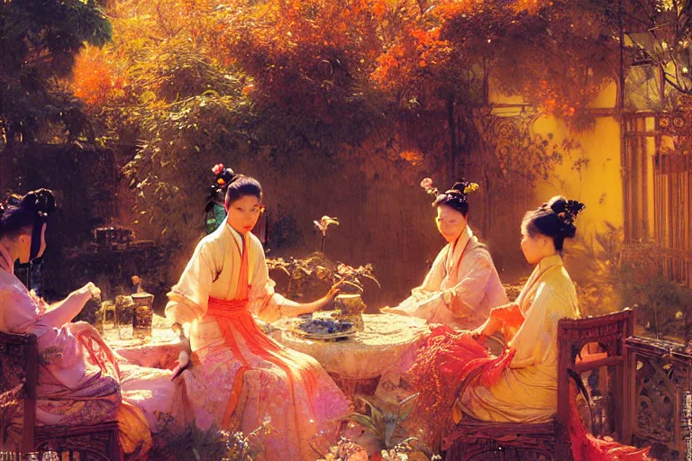 Image similar to wuxia, autumn, people drinking tea in garden, neon light, apricot flower falling, painting by gaston bussiere, craig mullins, j. c. leyendecker