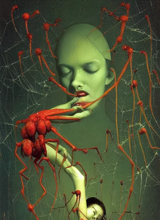 Image similar to She Eats of the Strangling Fruit and Her spiderlike gossamer glistening polyp blossoms bring iridescent fungal flowers whose spores black the foolish glaring stars Edward Hopper and James Gilleard, Zdzislaw Beksinski, Mark Ryden, Wolfgang Lettl highly detailed