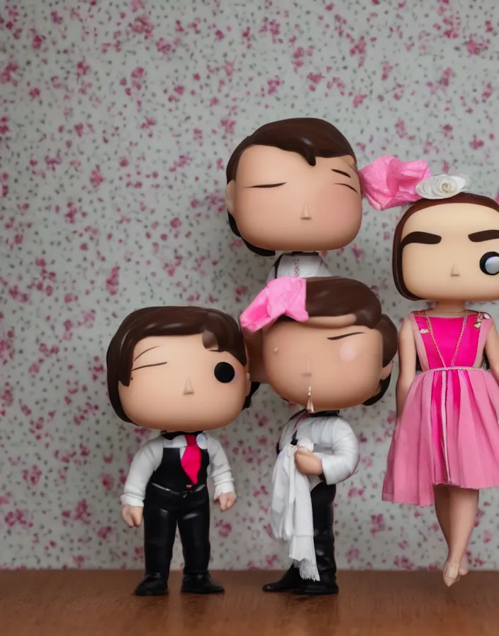 Prompt: real life Funko Pop, wearing attire from the 1920s, studio lighting, pink stripped wallpaper behind them, 8k