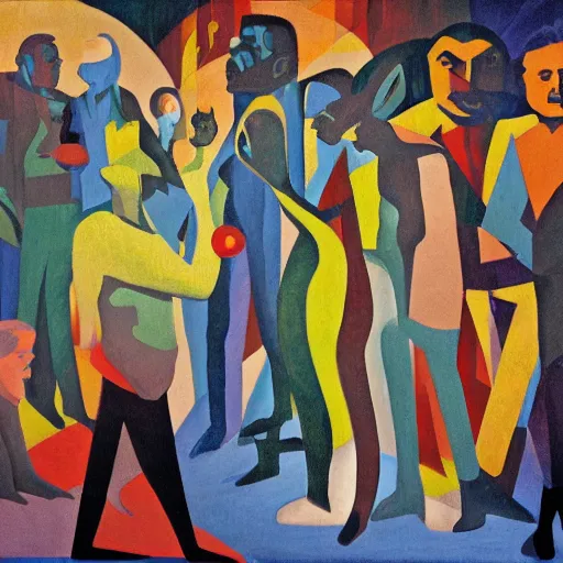 Image similar to bright oil on masonite painting by aaron douglas of a psychedelic conference of scientists / professors / researchers, high detail