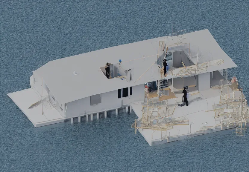 Prompt: a room on a boat being constructed out of water code 3 d photo film minimal