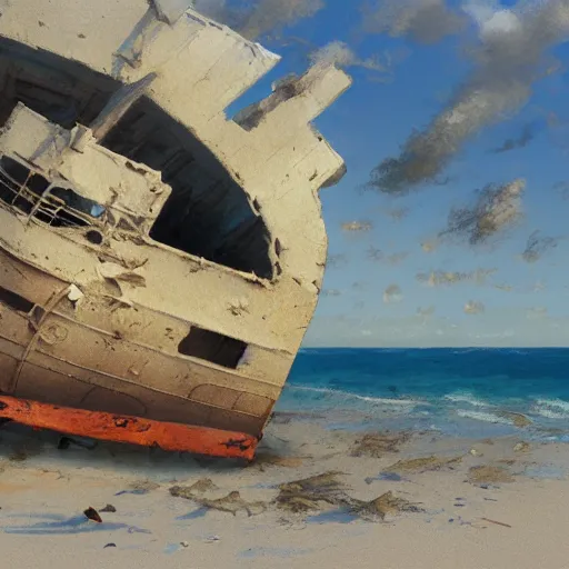 Prompt: shipwreck on a sandy beach on a sunny day, art by craig mullins, highly detailed, trending on artstation, award winning