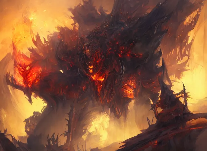 Image similar to artwork of ragnaros by dennig guy, amano yoshitaka, berkey john, bowater charlie, greg rutkowski