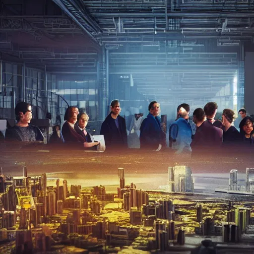 Prompt: large group people in a warehouse, looking at hologram of futuristic city on a table, cinematic concept art, godrays, golden hour, natural sunlight, 4 k, clear details, tabletop model buildings, tabletop model, hologram center, crane shot