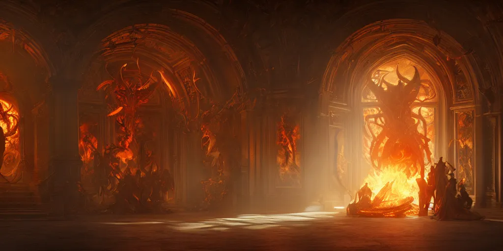 Image similar to ultra realistic, artstation, concept art, natural lighting, by artgerm and greg rutkowski and alphonse mucha and wlop, demons, fire, hell interior with surrounded archways. rendered in octane render with photorealistic lighting, 8 k, hd