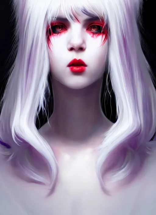 Image similar to whitebangs, black hair, black cyberlox, portrait of white teenage girl, normal face, white bangs, fluffy bangs, cyberlox, whitebangs, red contact lenses, purple background, intricate, elegant, highly detailed, digital painting, artstation, concept art, sharp focus, smooth, illustration, art by wlop, mars ravelo and greg rutkowski