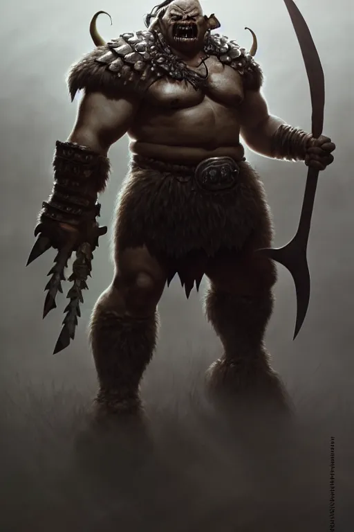 Image similar to orc barbarian wearing leather armor, full body shot, exquisite details, earth magic, mid view, design on a white background, by studio muti, greg rutkowski, makoto shinkai, takashi takeuchi, studio ghibli