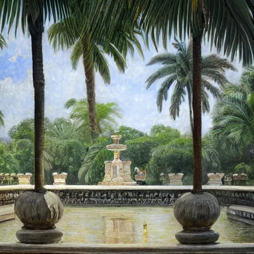 Image similar to a ultradetailed beautiful painting of a old fountain in the amazonas palace balustrade designed by jules bastien - lepage, tarsila do amaral, frank weston and gustave baumann, beach, trending on artstation, mediterranean, palm trees, sharp focus, soft light, 8 k 4 k