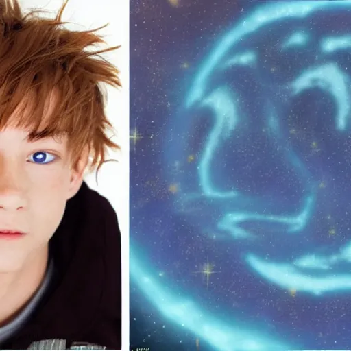 Image similar to Spirited away dark blonde guy with blue eyes in space