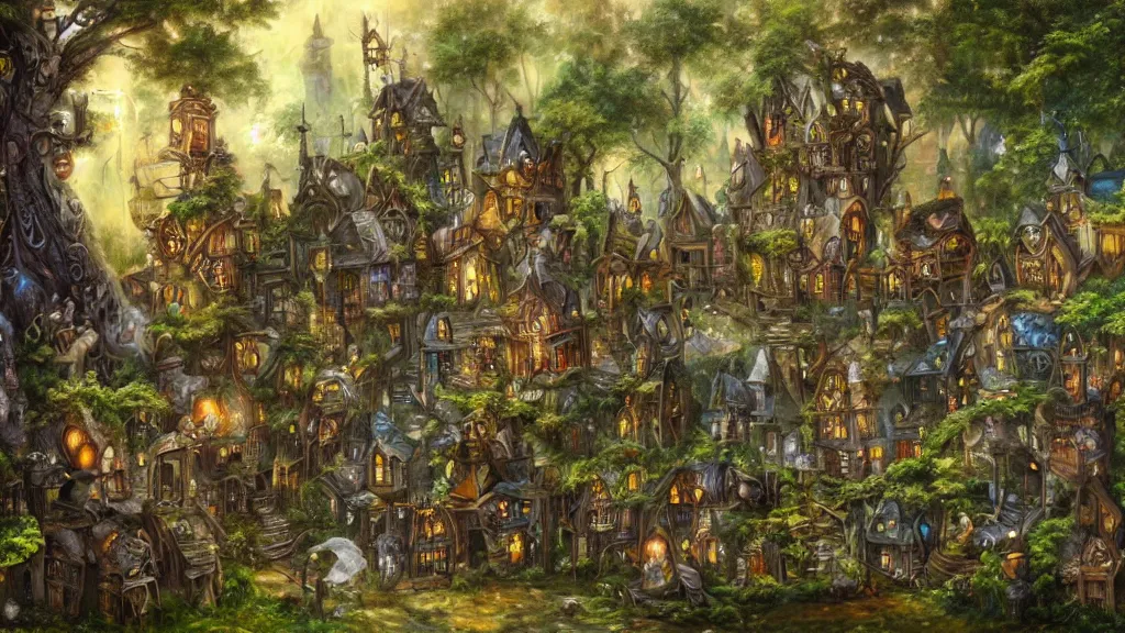 Image similar to A steampunk fairy village in the trees, highly detailed oil painting, epic fantasy art, abstraction, masterpiece, 8k