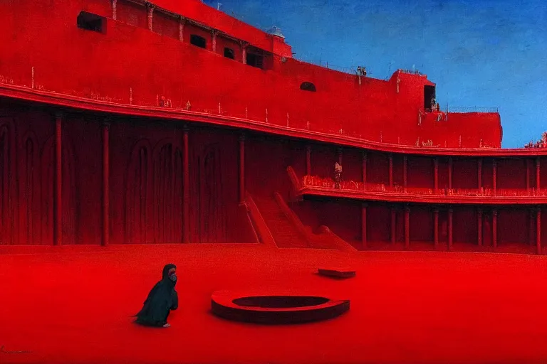 Prompt: only with red, a red melted emperor, taormina amphitheatre, crowd hails him happy, in the style of beksinski, parts by edward hopper, parts by rodcenko, parts by yue minjun, intricate and epic composition, red by caravaggio, insanely quality, highly detailed, masterpiece, red light, artstation, 4 k