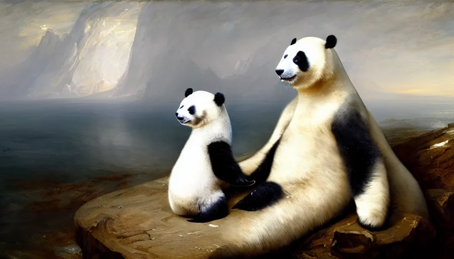 Image similar to highly detailed painting of a standing humanoid creature thats half human male man and half cute baby white furry seal panda hybrid on a blue and white iceberg by william turner, by greg rutkowski, by william constable, thick brush strokes and visible paint layers, 4 k resolution