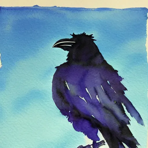 Prompt: a raven in the blue sky watercolor, traditional japanese style, musashi style