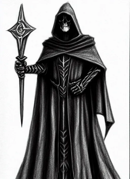 Image similar to pencil ultradetailed sketch of the necromancer, wearing a black cloak, crisp