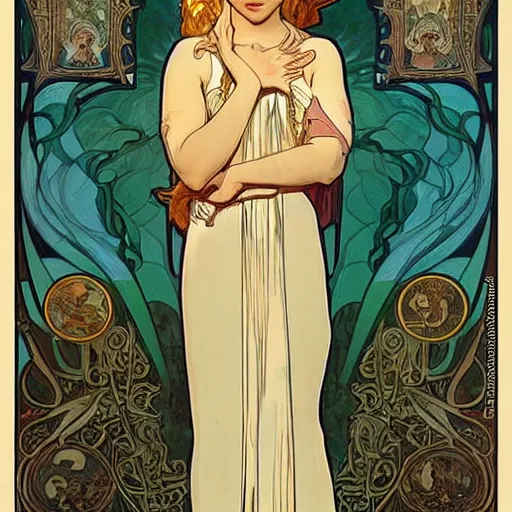 Image similar to Beautiful young girl like Daenerys Targaryen emilia clarke illustrated by alphonse mucha