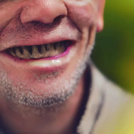 Image similar to a photo from a balded man with teeth made of wood, wood teeth, close up, photorealistic