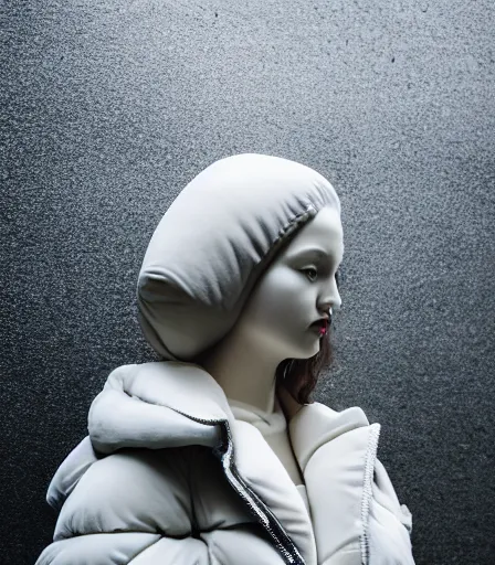 Image similar to well lit fashion shoot portrait of extremely beautiful female marble statue wearing huge over size puffer jacket by dingyun zhang, yeezy, balenciaga, vetements, a cold wall, sharp focus, clear, detailed,, cinematic, detailed, off white, glamourous, symmetrical, vogue, editorial, fashion, magazine shoot, glossy