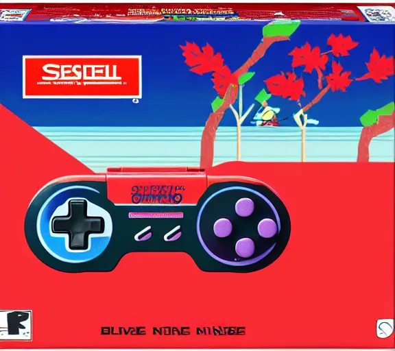 Prompt: snes cartrige package of a blue ninja in a red forest