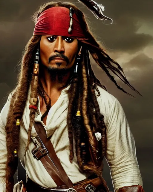 Image similar to Film still close-up shot of Dwayne Johnson as Captain Jack Sparrow from the movie Pirates of the Caribbean. Photographic, photography