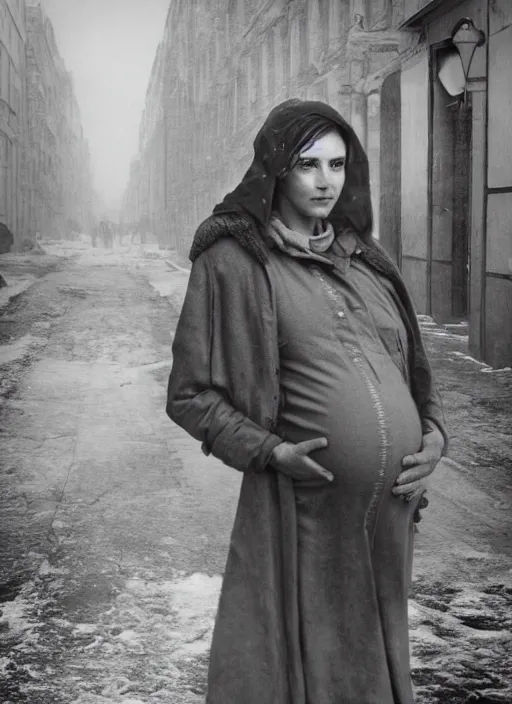 Prompt: full-length portrait of a pregnant woman on the street of besieged Leningrad, historically reliable photo chronicle, winter 1941, , ultra detailed, digital art, octane render, 4K, dystopian, micro details