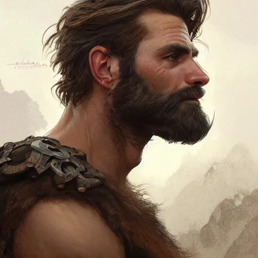 Prompt: portrait of a rugged ranger, coherent hands, handsome, muscular, full body, leather, hairy, d & d, fantasy, intricate, elegant, highly detailed, digital painting, artstation, concept art, smooth, sharp focus, illustration, art by artgerm and greg rutkowski and alphonse mucha