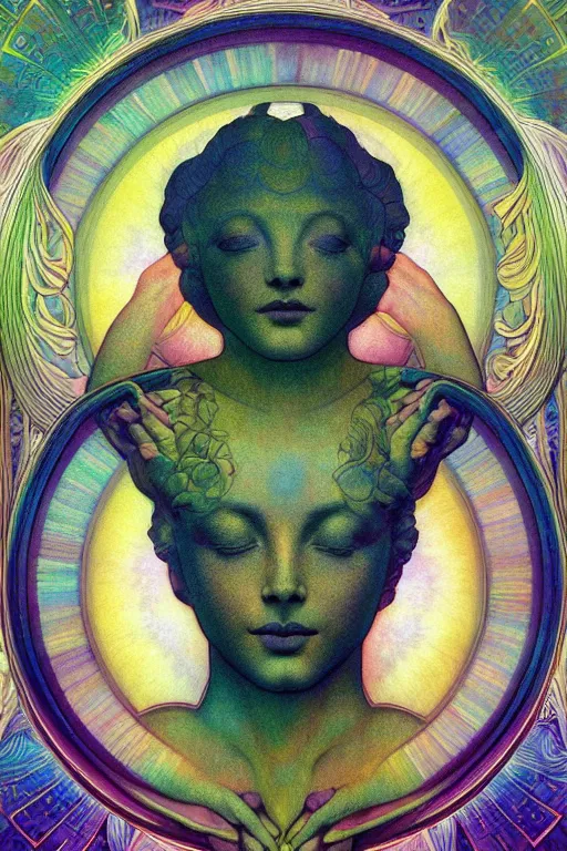 Prompt: beautiful goddess of space and dreams by maxfield parrish artgerm, in frame, mandala, coherent design, perfect symmetry, vivid colors, digital watercolor ink illustration painting, complementary color, golden ratio, detailed, sharp lines, sharp focus, intricate, rainbowshift, gustave dore, alphonse mucha, octane render