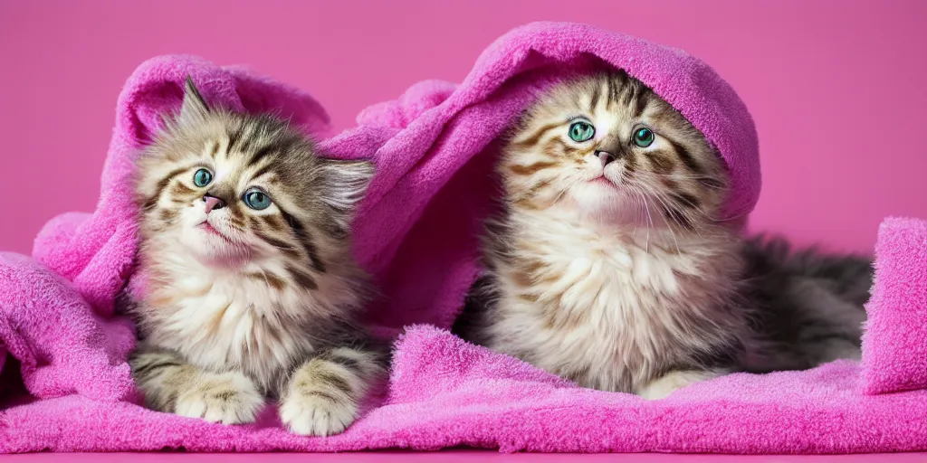 Image similar to oil painting of a fluffy tabby kitten wrapped in a pink towel, product photography of a shower curtain, product lighting. 4 k, highly detailed. saturated.