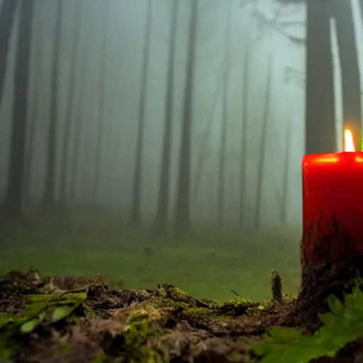 Prompt: a candle burns in a foggy forest, depth of field, spooky
