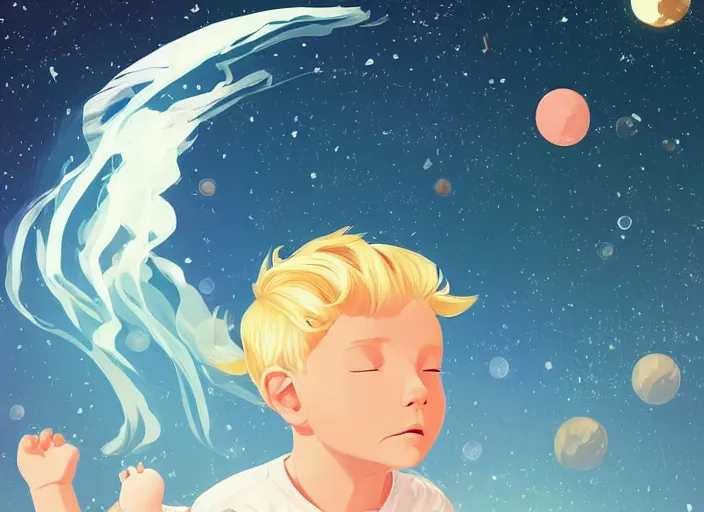 Image similar to a newborn baby with blonde hair floating in space. clean cel shaded vector art. shutterstock. behance hd by lois van baarle, artgerm, helen huang, by makoto shinkai and ilya kuvshinov, rossdraws, illustration, art by ilya kuvshinov