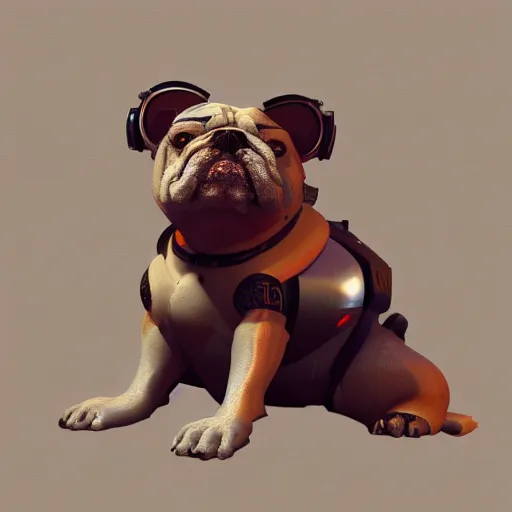 Image similar to « a 2 d cartoon cyborg bulldog sitting down, cyberpunk digital art by greg rutkowsky, cgsociety, 2 d art, cartoon, future tech, sketchfab »