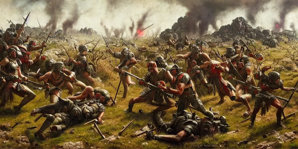 Prompt: scene from ancient battlefield, painting by otto dix and greg rutkowski, 8 k