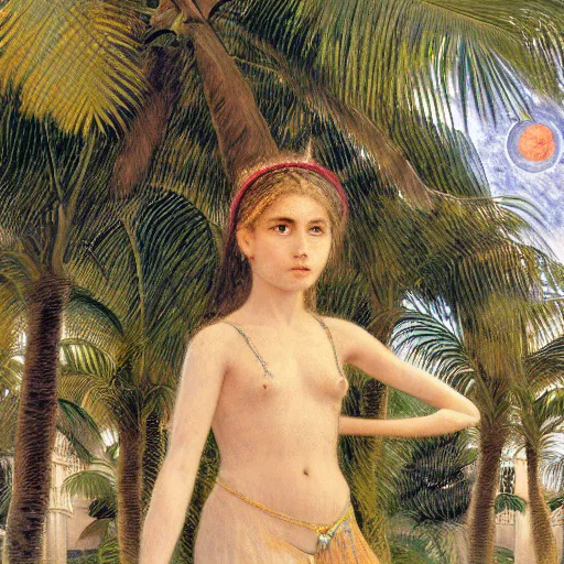 Image similar to a ultradetailed beautiful bitmap of the moon girl on the amazonas palace by jules bastien - lepage, hans belmer, frank weston and gustave baumann, trending on artstation, mediterranean, palm trees, light sparkles, sharp focus, soft light, 8 k 4 k