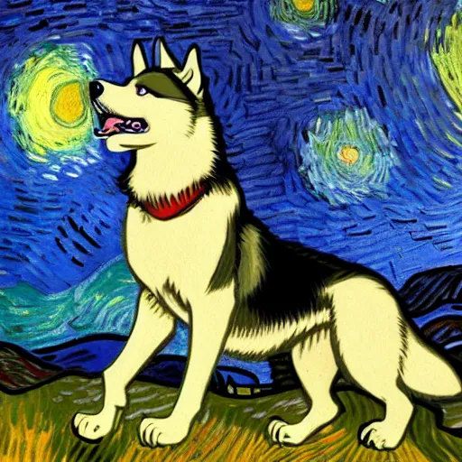 Image similar to husky howling in the night, 4 k, 8 k, trending on artstation, award - winning art, illustrated by vincent van gogh