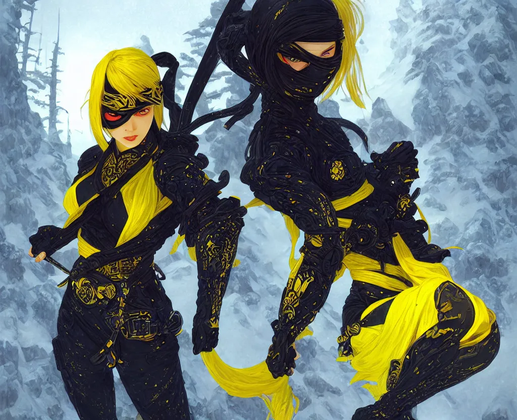 Prompt: portrait ninja gaiden girl, black and yellow ninja wardrobe, at snowy fuji mountain sunrise, ssci - fi and fantasy, intricate and very very beautiful, detailed, digital painting, artstation, concept art, smooth and sharp focus, illustration, art by tian zi and wlop and alphonse mucha