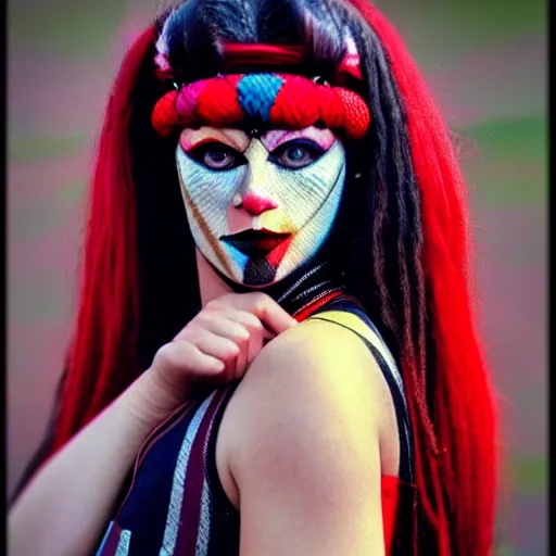 Image similar to photo of a real-life beautiful female harlequin warrior,