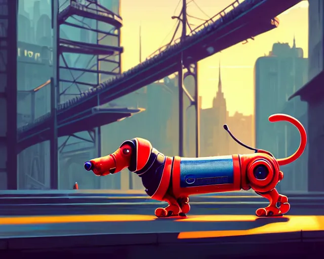 Prompt: completely mechanical robotic dachshund, hyper - realistic, gta v cover art, celshading, sharp focus, intricate, detailed, rhads, andreas rocha, makoto shinkai, lois van baarle, ilya kuvshinov, greg rutkowski, dynamic lighting, grunge aesthetic, 4 k