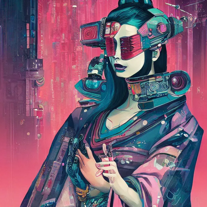 Prompt: a beautiful painting of a cyberpunk geisha by malika favre, in style of noir illustration. colorful comic, symmetry, sci fi, hyper detailed. octanev render. trending on artstation, high detailed, smooth draw.