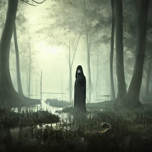 Image similar to the grim reaper in a swamp, 8 k, shallow depth of field, deviant art, greg rutkowski, moody lighting, ultra high detail, concept art,