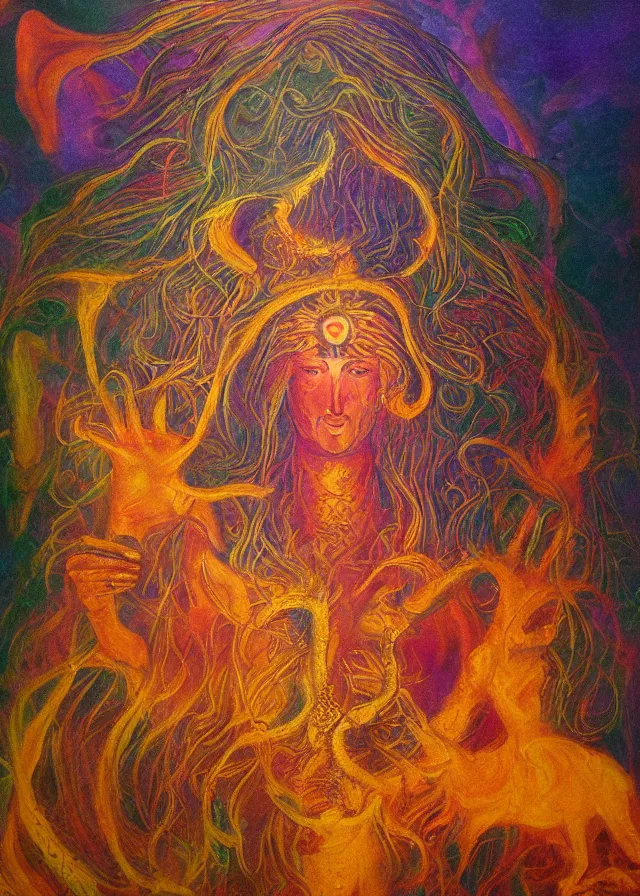 Prompt: unholy deva of the golden mythos beloved (dreamy) gnostic fog, award winning oil painting, chromatic aberration sharp colors