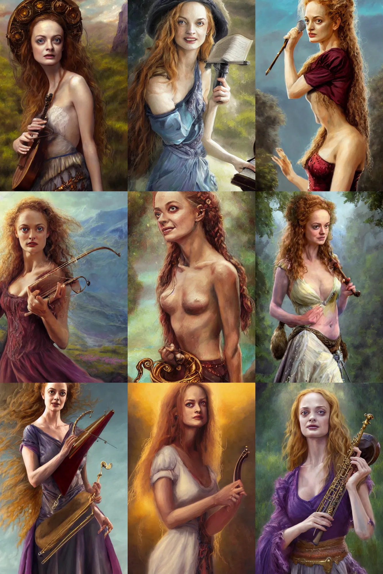 Image similar to a full body high detail fantasy portrait oil painting illustration of young heather graham as a beautiful sophisticated singing bard woman by justin sweet with face and body clearly visible, in a scenic background, pupils visible, realistic proportions, d & d, rpg, forgotten realms, artstation trending, high quality, sombre mood, artstation trending, muted colours, entire person visible!