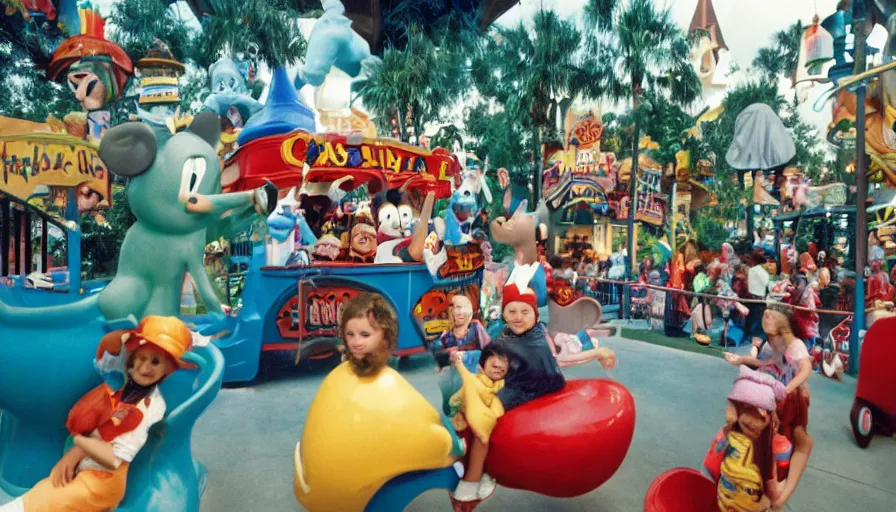 Image similar to 1990s photo of inside the Magic Cats Silly Hat Town ride at Disney World in Orlando, Florida, children riding on tiny ice cream trucks through a Gnome village , slime mice, Bears, business men, cinematic, UHD