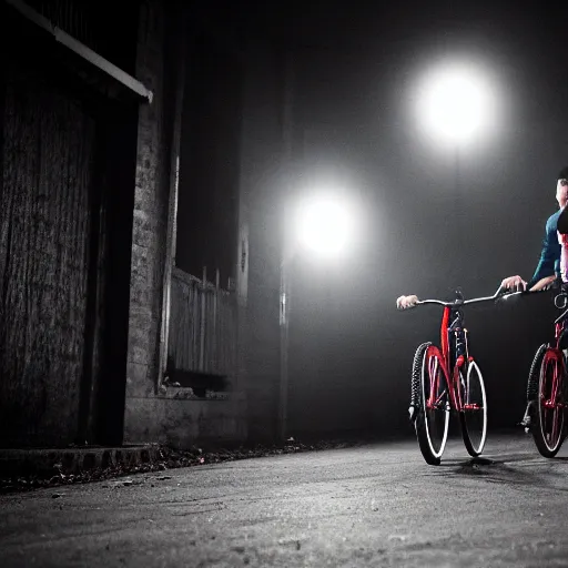 Image similar to two guys using one bicycle as a stroboscope in front of an audience, techno, foggy, dark, intense, rendering, high details