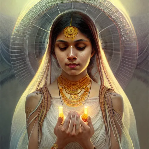 Image similar to ultra realistic illustration, a indian digital ghost, transparent, static, intricate, elegant, highly detailed, digital painting, artstation, concept art, smooth, sharp focus, illustration, art by artgerm and greg rutkowski and alphonse mucha