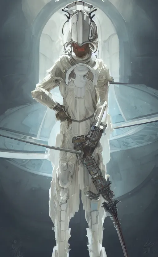 Image similar to a top view shot of a man in white futuristic armor, holding a white katana , alphonse mucha , greg rutowski, illustration, science fiction, concept art, digital painting, Trending on artstation