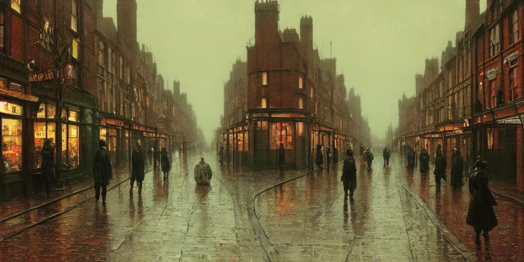 Image similar to Victorian city street lined with trees with front view of shops on a rainy day in London, evening, low angle view, detailed matte painting, cinematic, John Atkinson Grimshaw, Artstation