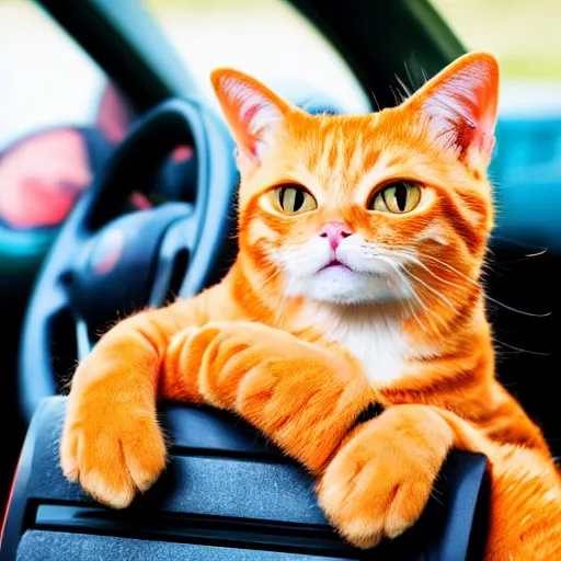 Image similar to an anthropomorphic orange tabby cat driving a car, his paws are on the steering wheel