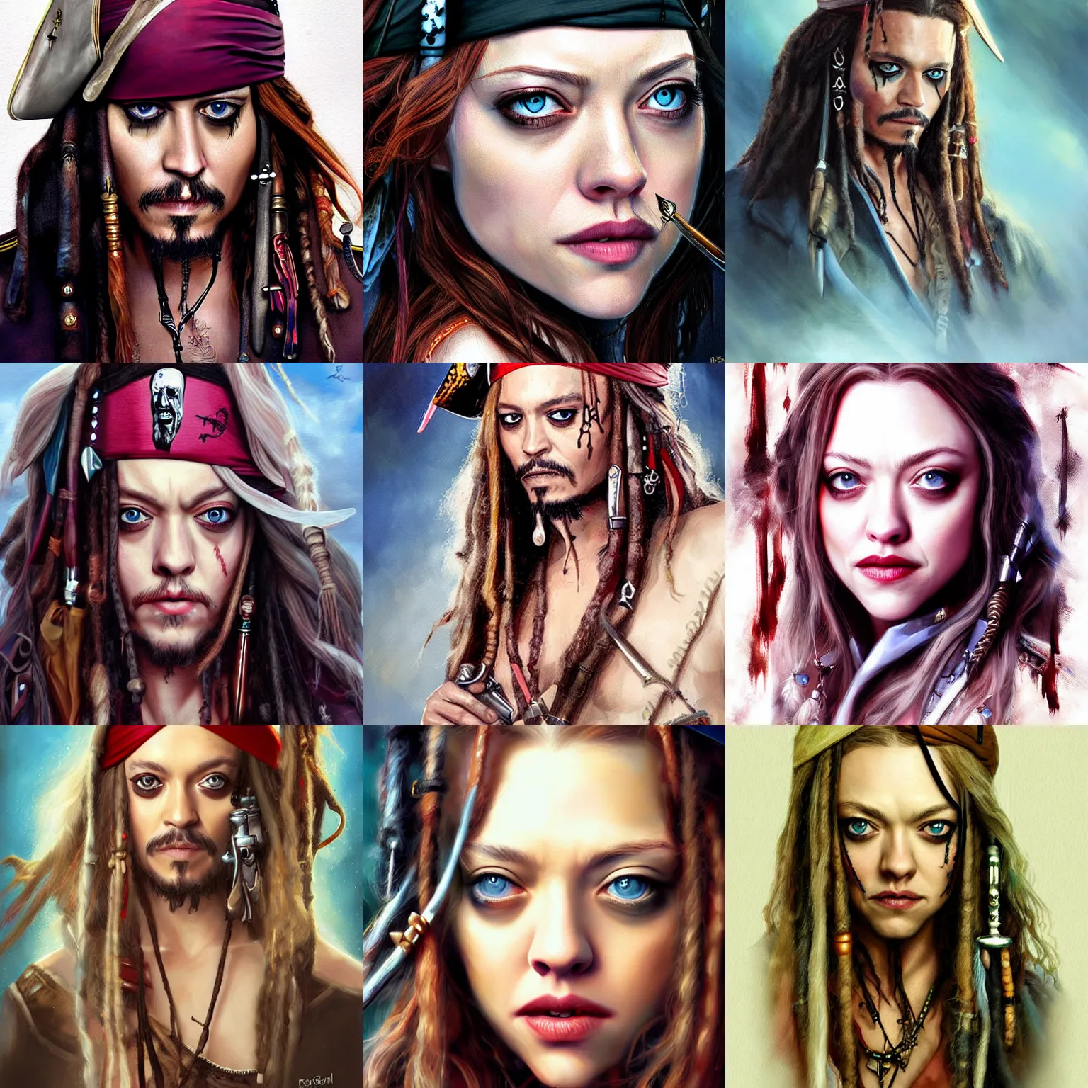 Prompt: a painting of Amanda Seyfried as captain Jack Sparrow by Ross Tran, highly detailed digital art