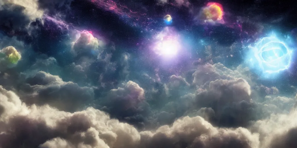 Prompt: Cosmic inflation bubbles peaking through the clouds, above the layer of clouds is a council of ascended masters, rays of consciousness, concept art, matte painting, 8k, highly detailed, artstation, light being, high quality,